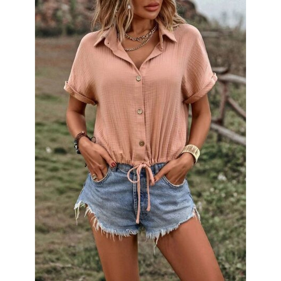 Drawstring Button Up Short Sleeve Blouse Apparel and Accessories