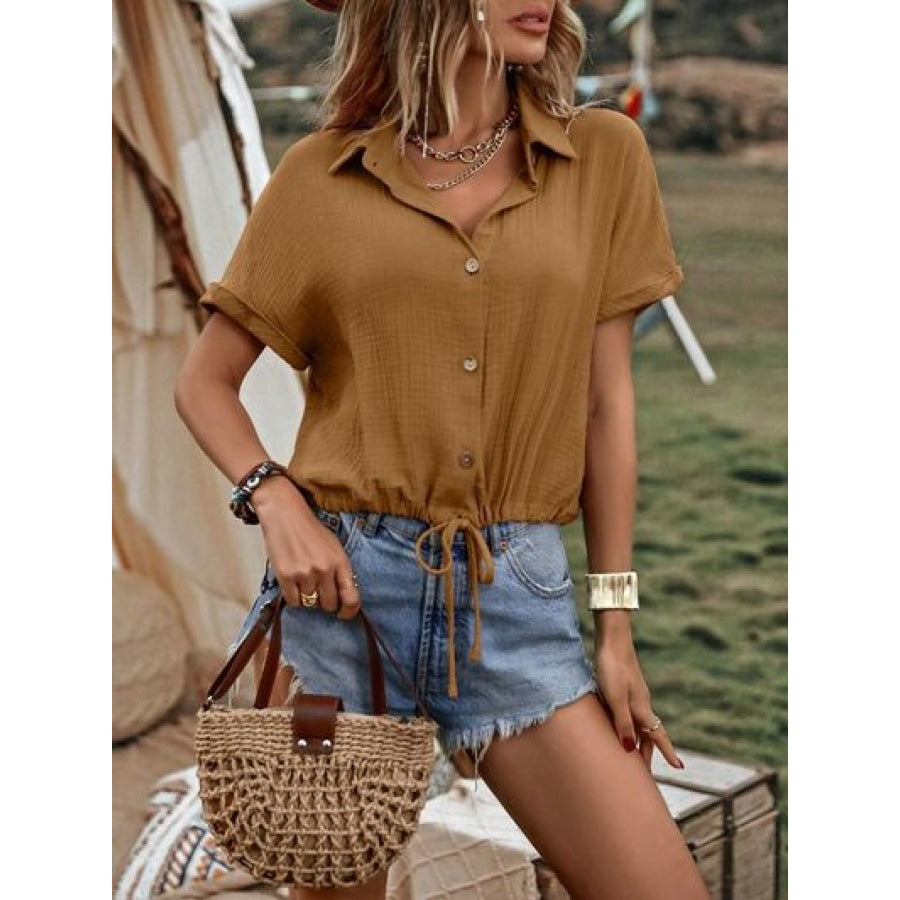 Drawstring Button Up Short Sleeve Blouse Apparel and Accessories