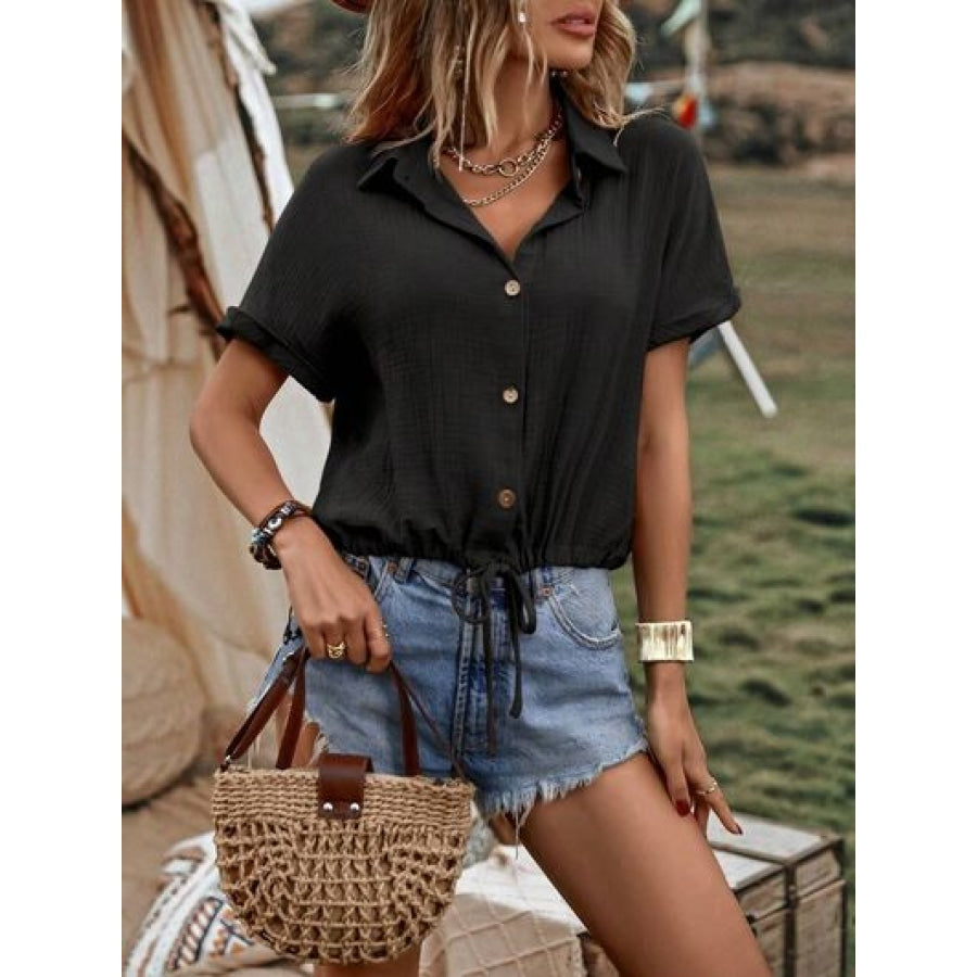 Drawstring Button Up Short Sleeve Blouse Apparel and Accessories