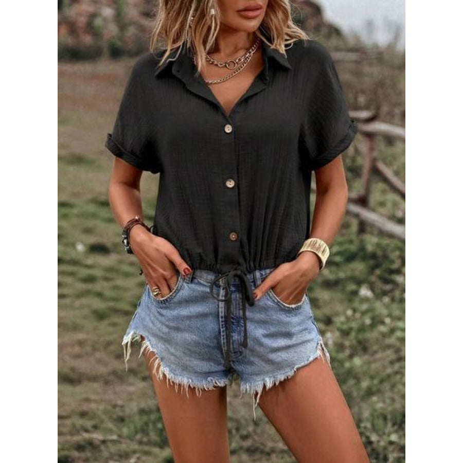 Drawstring Button Up Short Sleeve Blouse Black / S Apparel and Accessories