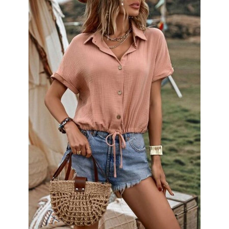 Drawstring Button Up Short Sleeve Blouse Light Mauve / S Apparel and Accessories