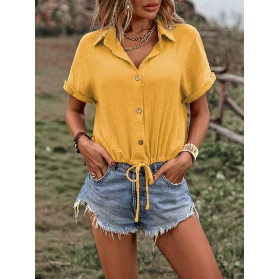 Drawstring Button Up Short Sleeve Blouse Mustard / S Apparel and Accessories