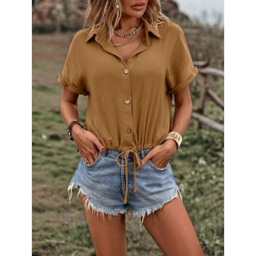 Drawstring Button Up Short Sleeve Blouse Olive / S Apparel and Accessories