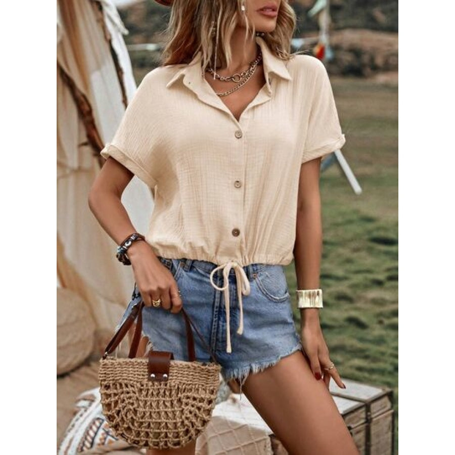 Drawstring Button Up Short Sleeve Blouse Sand / S Apparel and Accessories