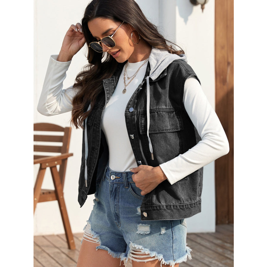 Drawstring Button Up Sleeveless Denim Jacket Apparel and Accessories