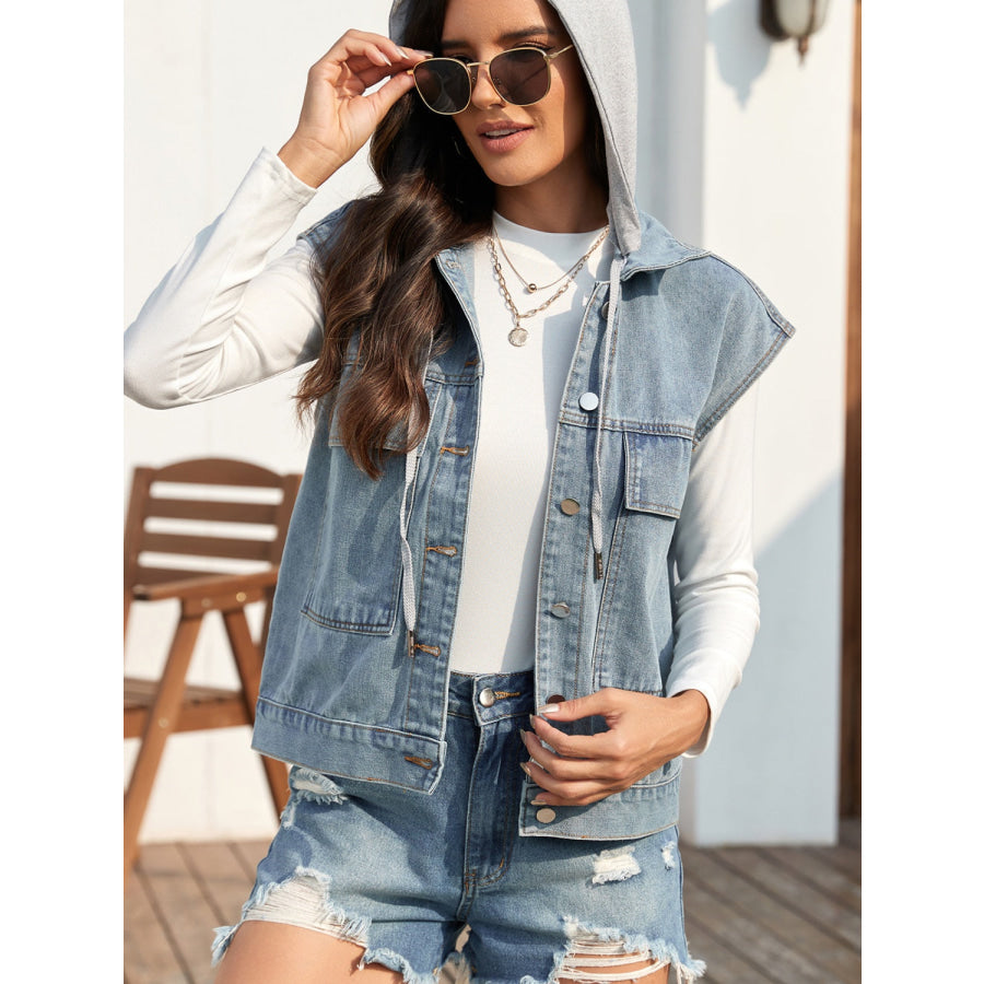 Drawstring Button Up Sleeveless Denim Jacket Apparel and Accessories