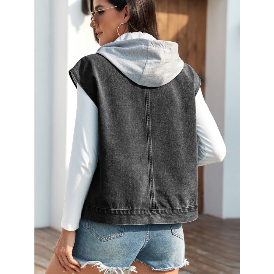 Drawstring Button Up Sleeveless Denim Jacket Apparel and Accessories