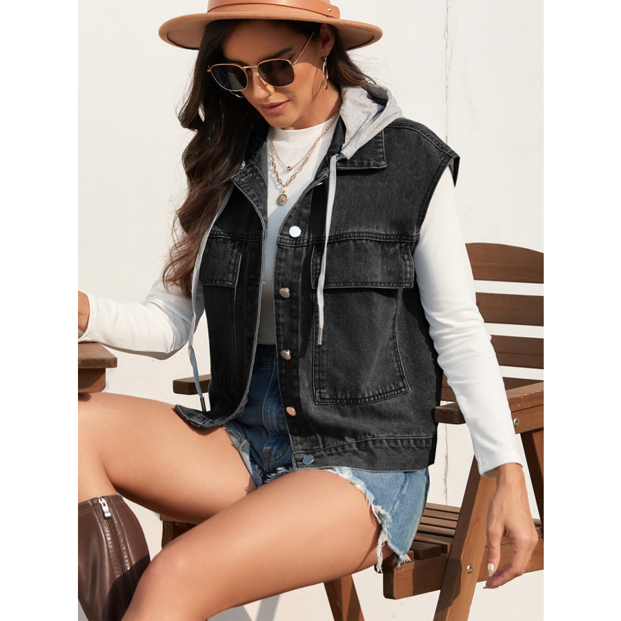 Drawstring Button Up Sleeveless Denim Jacket Apparel and Accessories