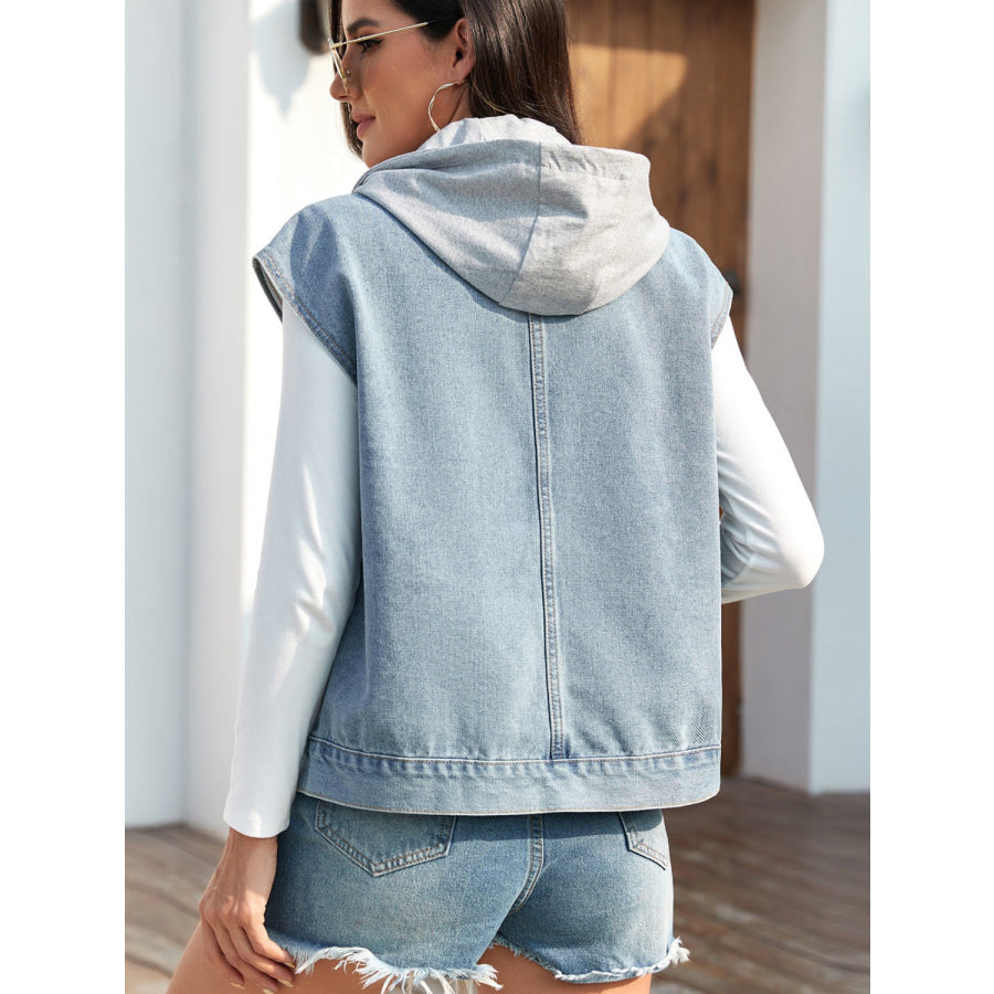 Drawstring Button Up Sleeveless Denim Jacket Apparel and Accessories