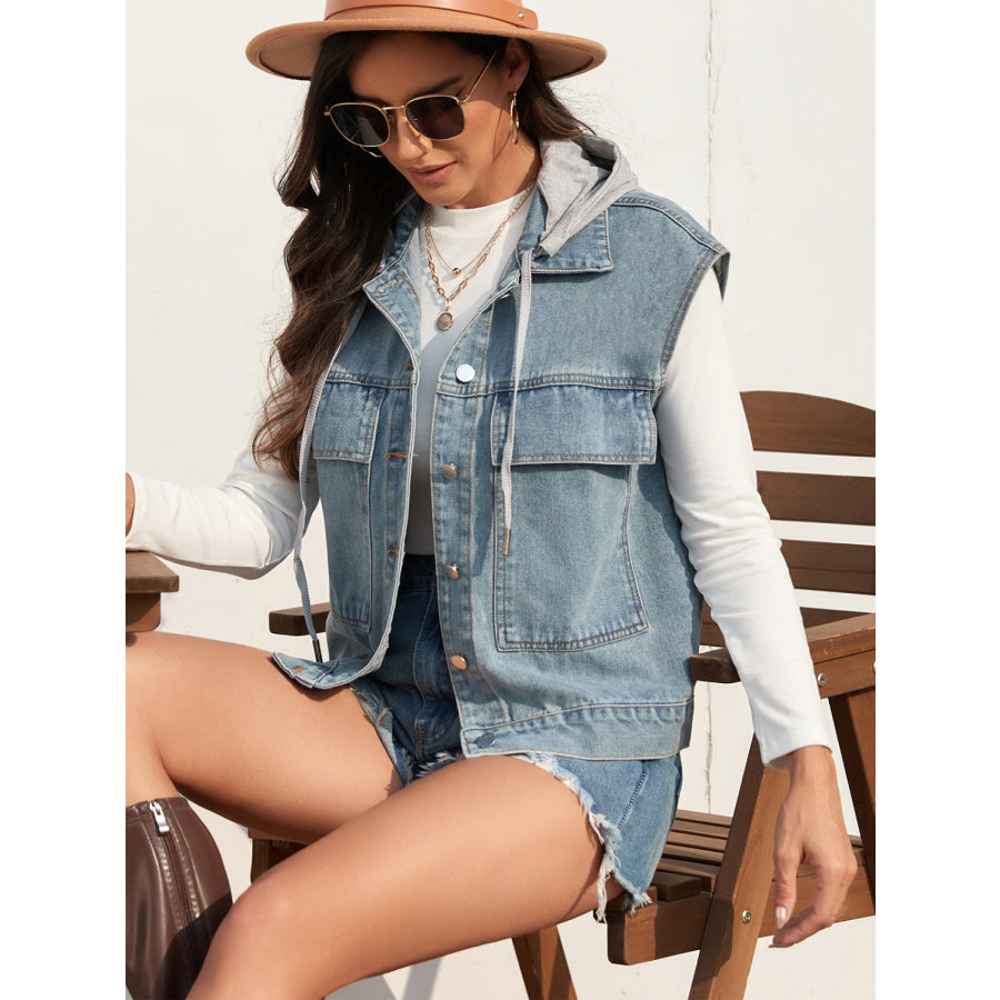 Drawstring Button Up Sleeveless Denim Jacket Apparel and Accessories