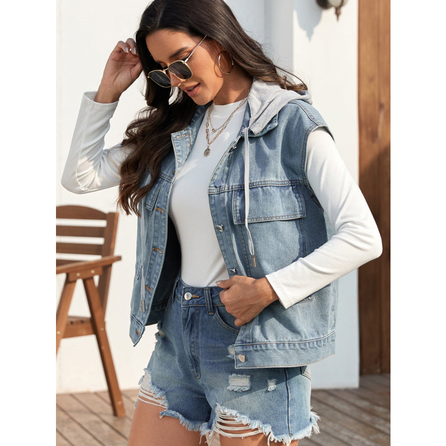 Drawstring Button Up Sleeveless Denim Jacket Apparel and Accessories