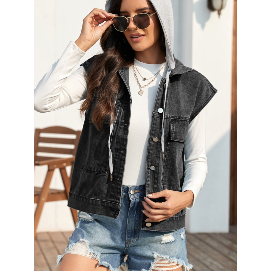 Drawstring Button Up Sleeveless Denim Jacket Apparel and Accessories