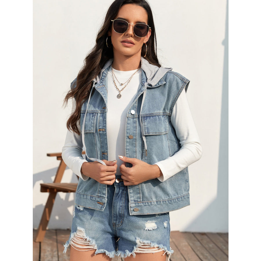 Drawstring Button Up Sleeveless Denim Jacket Light Blue / S Apparel and Accessories