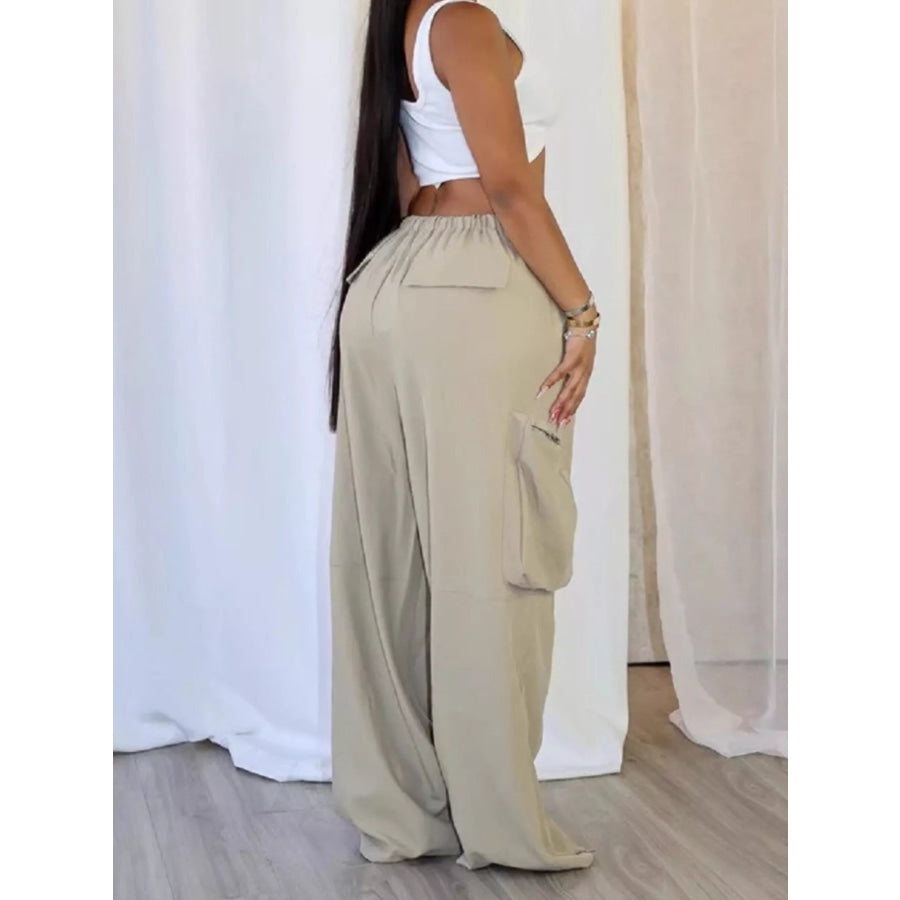 Drawstring Cargo Pants with Zipper Accents Apparel and Accessories