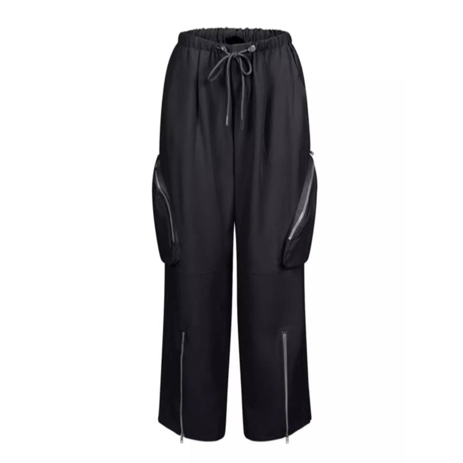 Drawstring Cargo Pants with Zipper Accents Apparel and Accessories