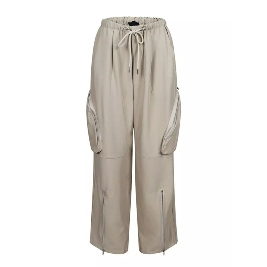 Drawstring Cargo Pants with Zipper Accents Apparel and Accessories