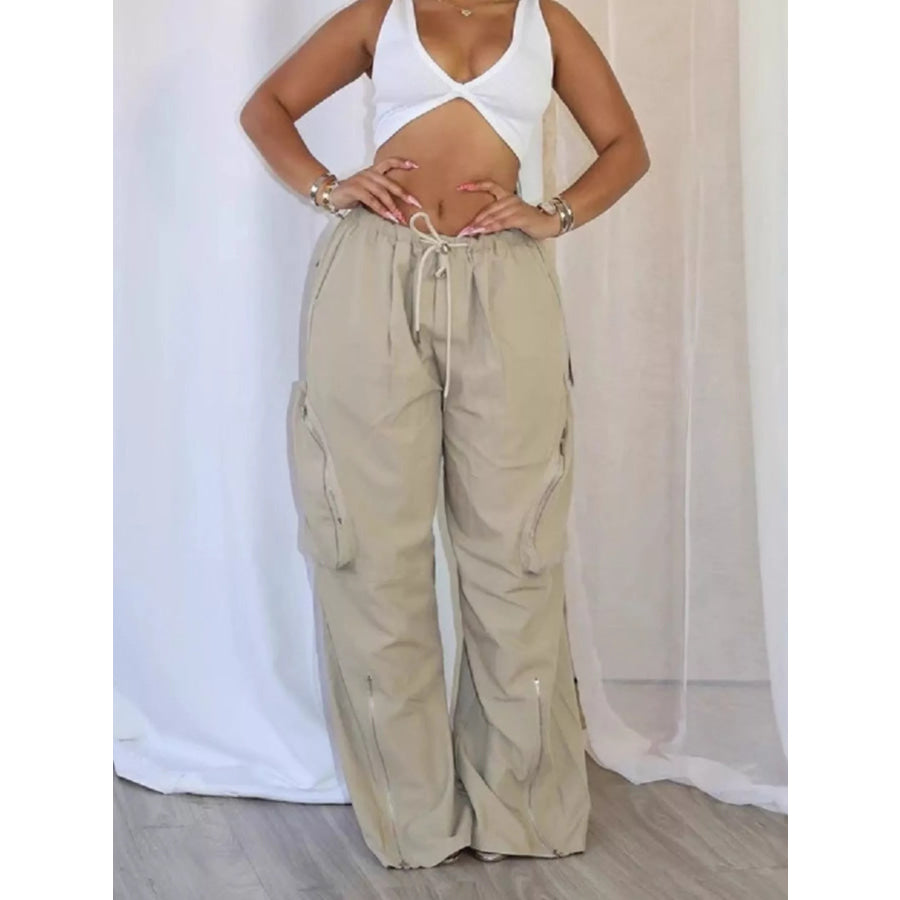 Drawstring Cargo Pants with Zipper Accents Apricot / S Apparel and Accessories