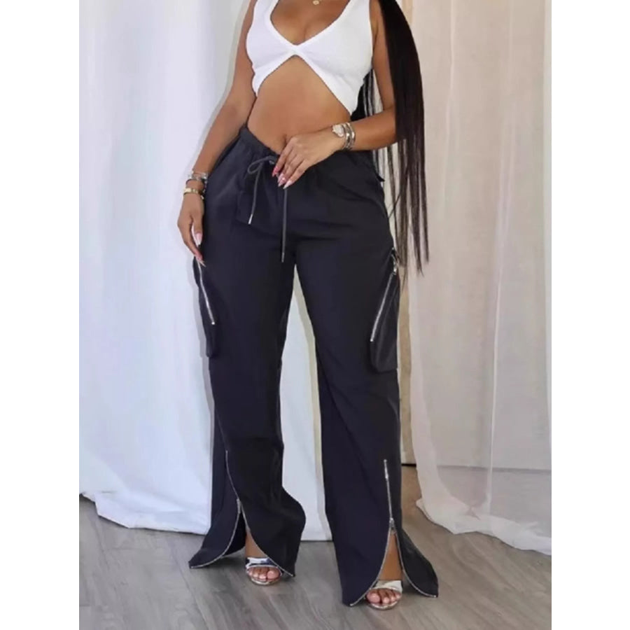 Drawstring Cargo Pants with Zipper Accents Black / S Apparel and Accessories