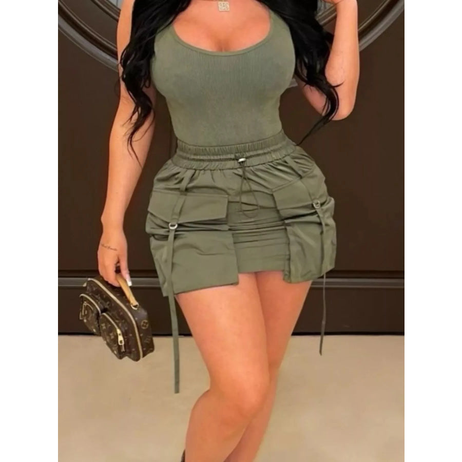 Drawstring Cargo Pocket Mini Skirt Army Green / S Apparel and Accessories