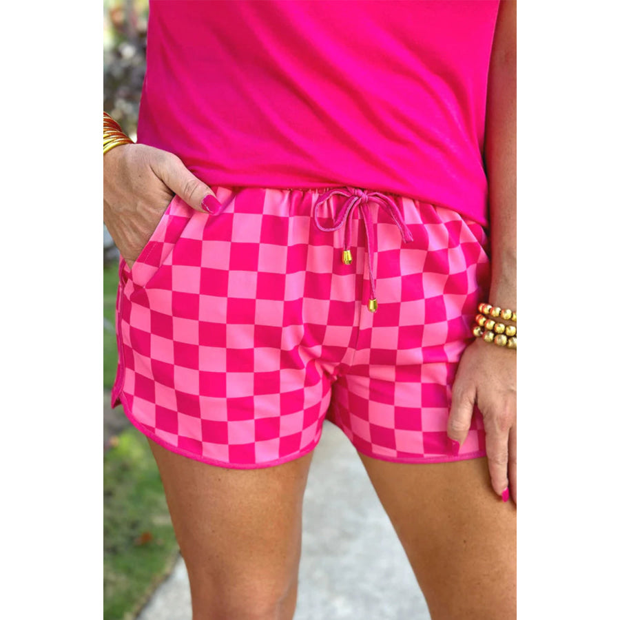 Drawstring Checkered Shorts with Pockets Hot Pink / M Apparel and Accessories