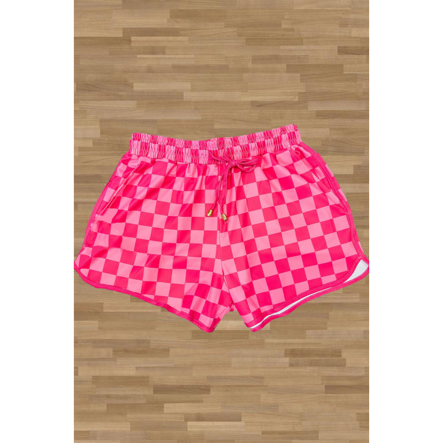 Drawstring Checkered Shorts with Pockets Hot Pink / S Apparel and Accessories