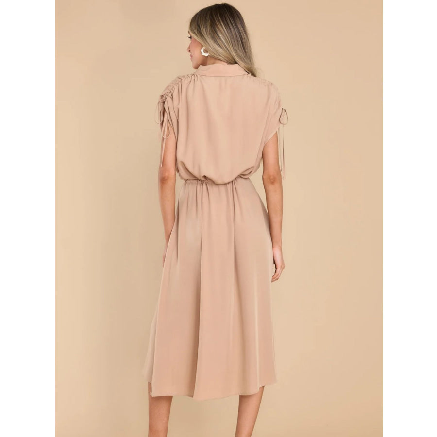 Drawstring Collared Neck Short Sleeve Midi Dress Apricot / S Apparel and Accessories