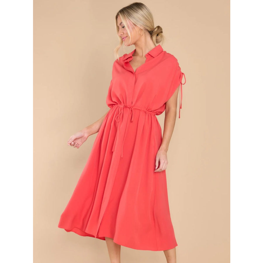 Drawstring Collared Neck Short Sleeve Midi Dress Apparel and Accessories