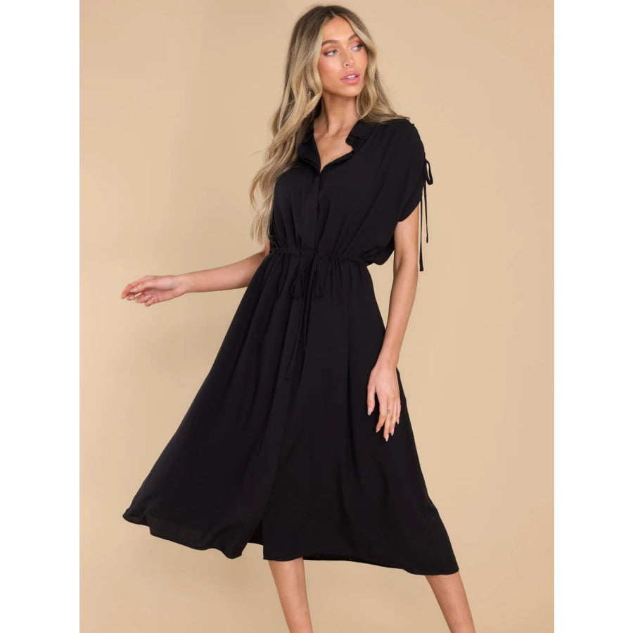 Drawstring Collared Neck Short Sleeve Midi Dress Apparel and Accessories