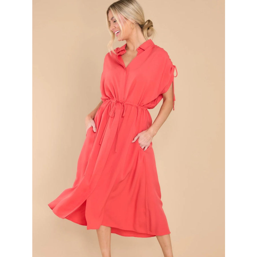 Drawstring Collared Neck Short Sleeve Midi Dress Apparel and Accessories