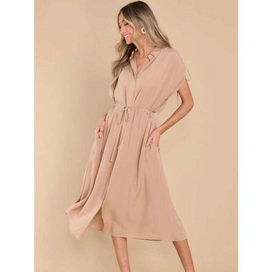 Drawstring Collared Neck Short Sleeve Midi Dress Apparel and Accessories