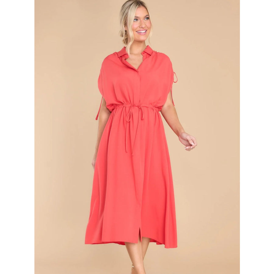 Drawstring Collared Neck Short Sleeve Midi Dress Apparel and Accessories