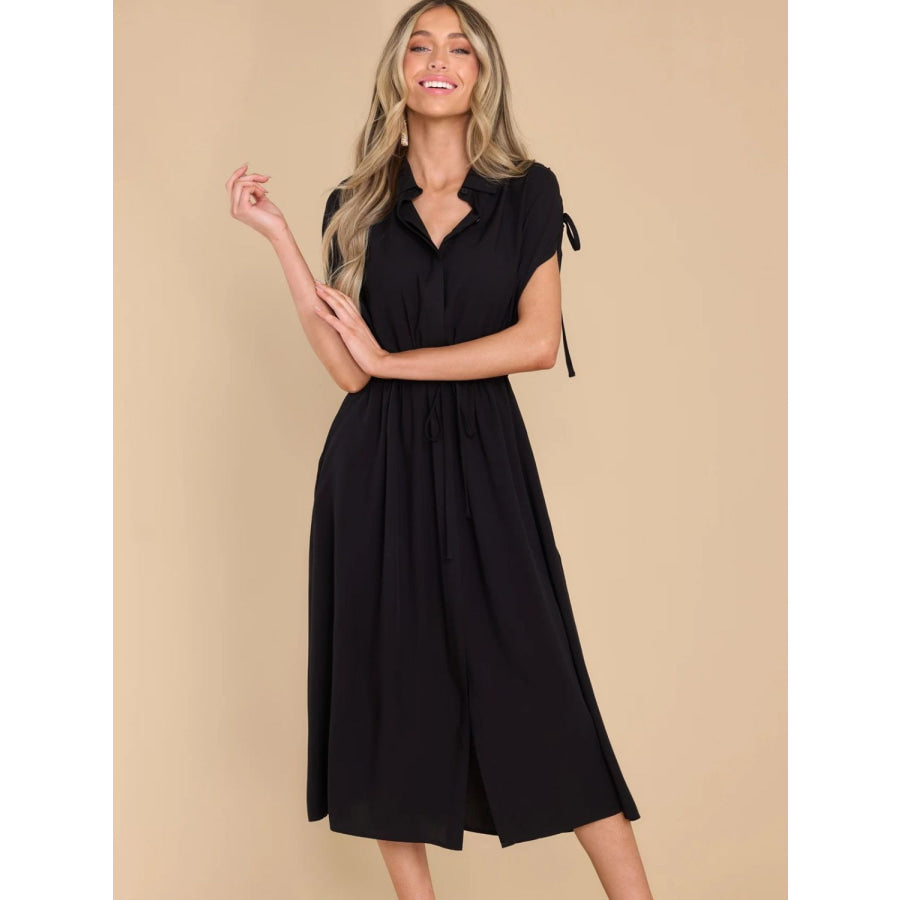 Drawstring Collared Neck Short Sleeve Midi Dress Apparel and Accessories