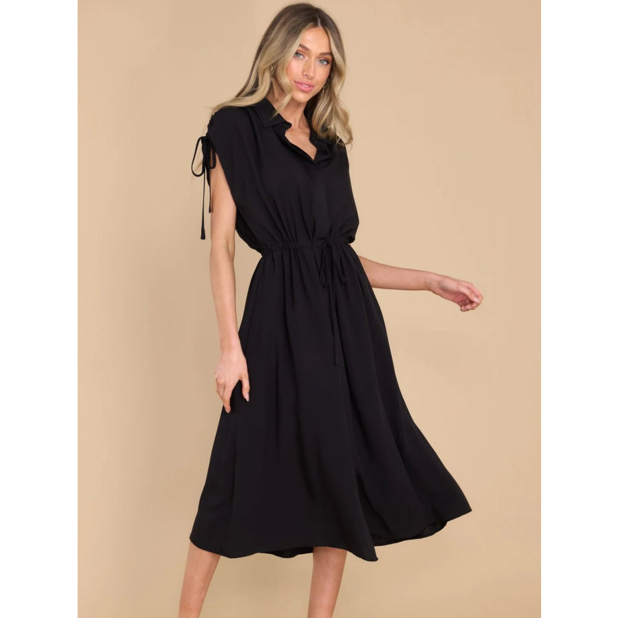 Drawstring Collared Neck Short Sleeve Midi Dress Apparel and Accessories