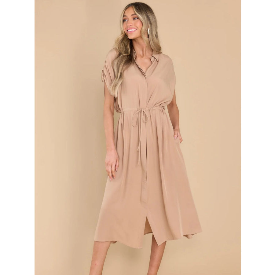 Drawstring Collared Neck Short Sleeve Midi Dress Apricot / S Apparel and Accessories