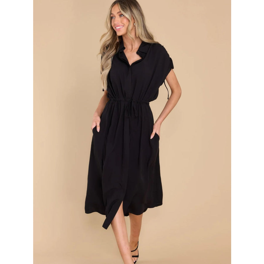 Drawstring Collared Neck Short Sleeve Midi Dress Black / S Apparel and Accessories