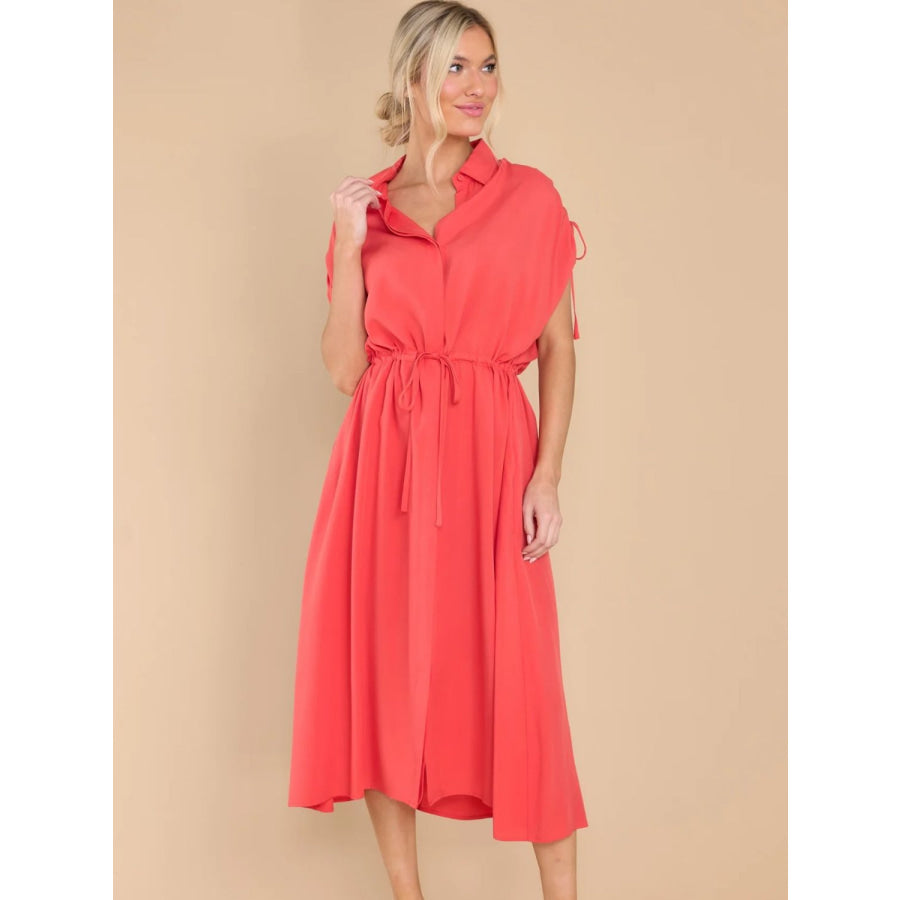 Drawstring Collared Neck Short Sleeve Midi Dress Strawberry / S Apparel and Accessories