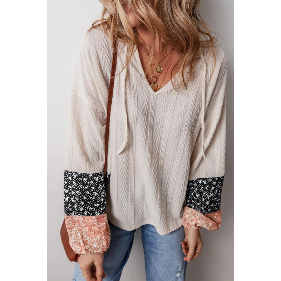 Drawstring Color Block Hooded Long Sleeve Top Dust Storm / S Apparel and Accessories