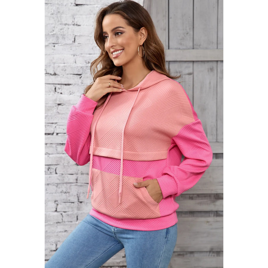 Drawstring Color Block Long Sleeve Hoodie Pink / S Apparel and Accessories