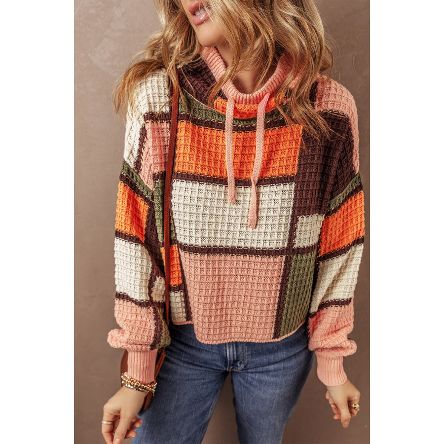 Drawstring Color Block Long Sleeve Sweater Orange / S Apparel and Accessories