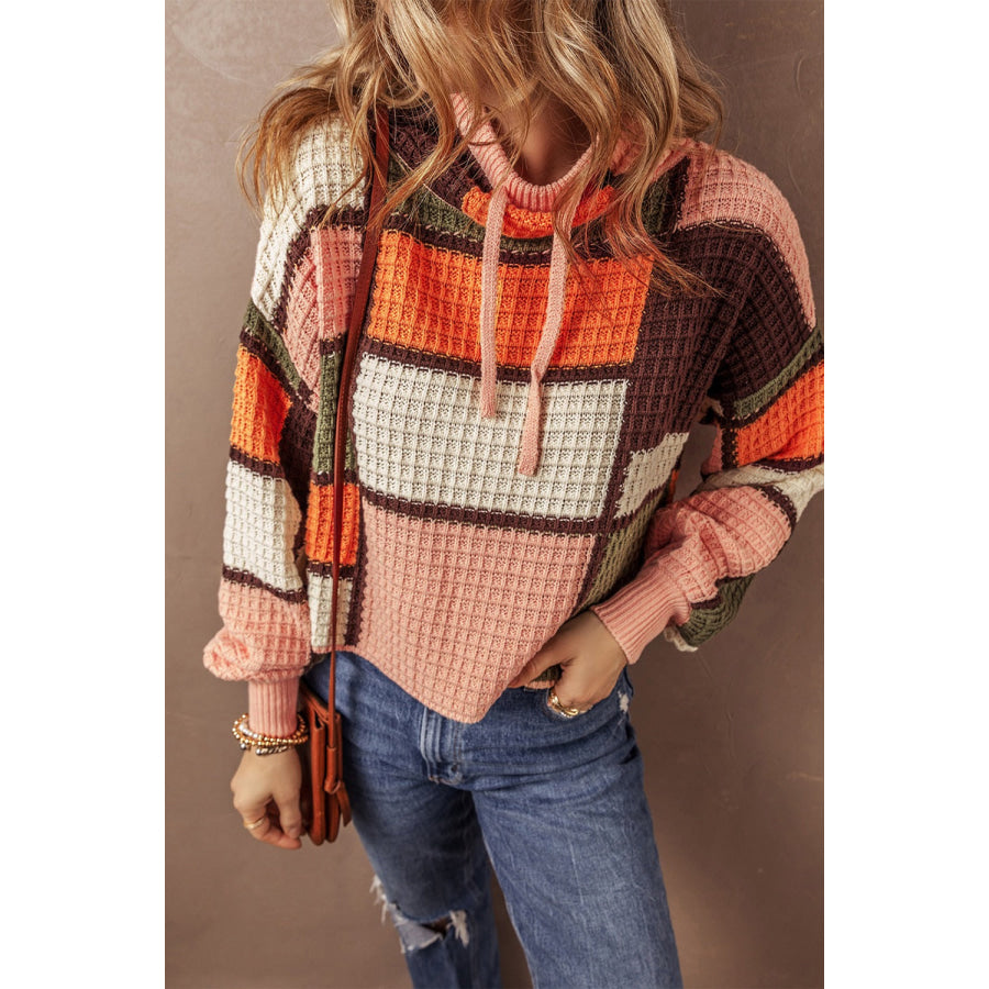 Drawstring Color Block Long Sleeve Sweater Orange / S Apparel and Accessories
