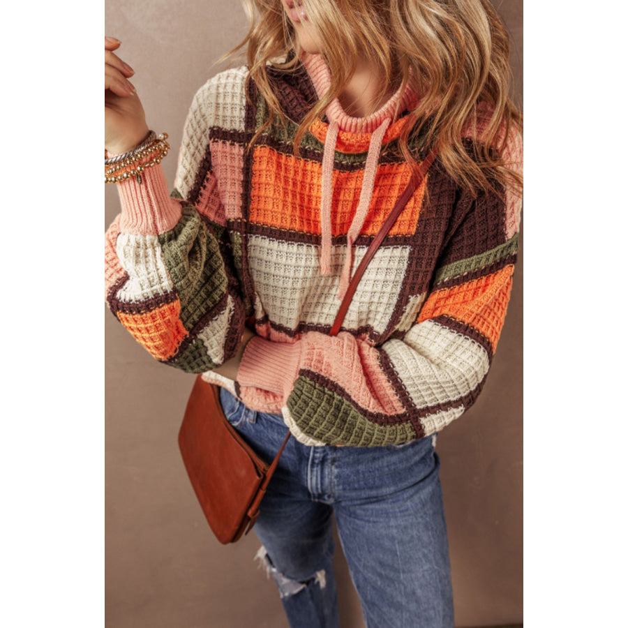 Drawstring Color Block Mock Neck Sweater Apparel and Accessories