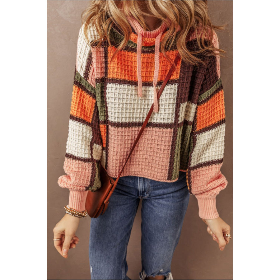 Drawstring Color Block Mock Neck Sweater Orange / S Apparel and Accessories