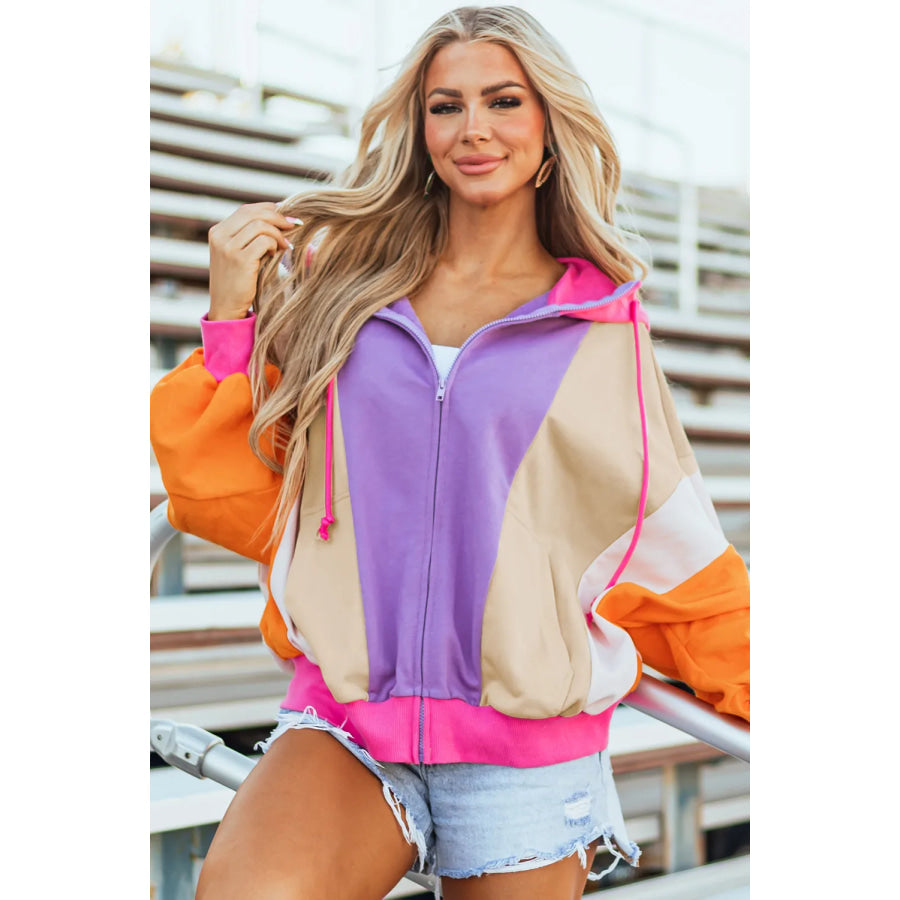 Drawstring Color Block Zip Up Long Sleeve Hoodie Apparel and Accessories