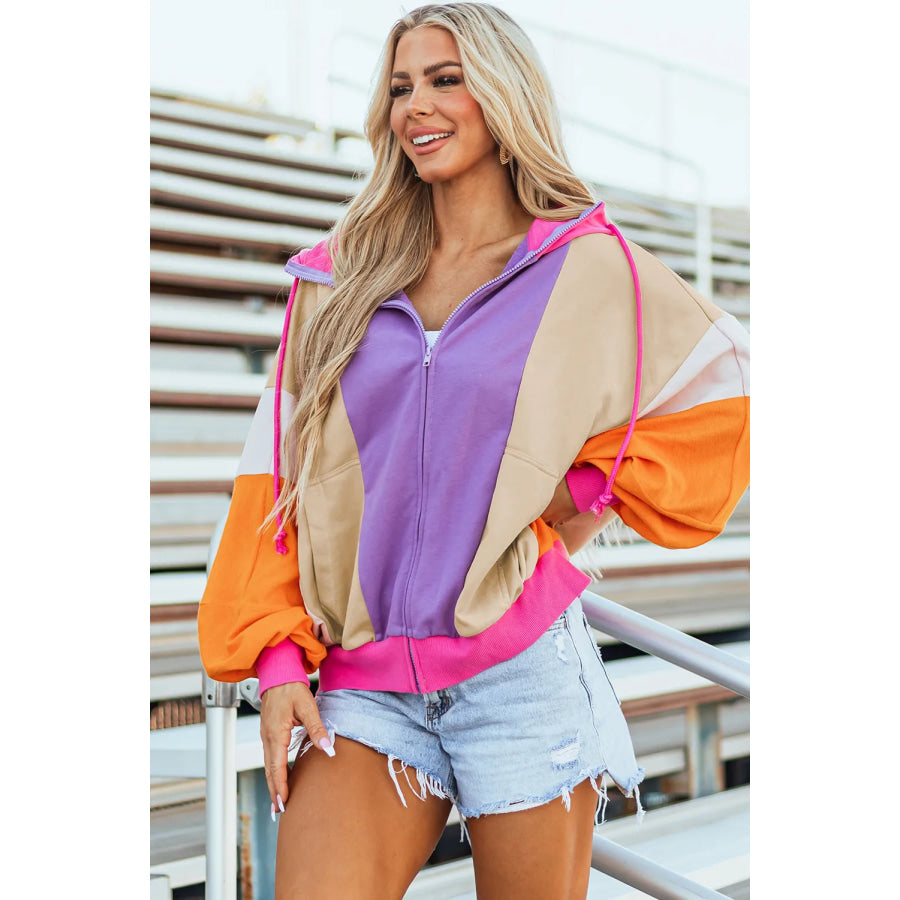 Drawstring Color Block Zip Up Long Sleeve Hoodie Apparel and Accessories