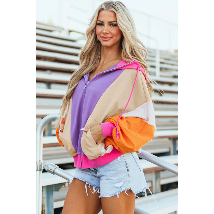 Drawstring Color Block Zip Up Long Sleeve Hoodie Apparel and Accessories