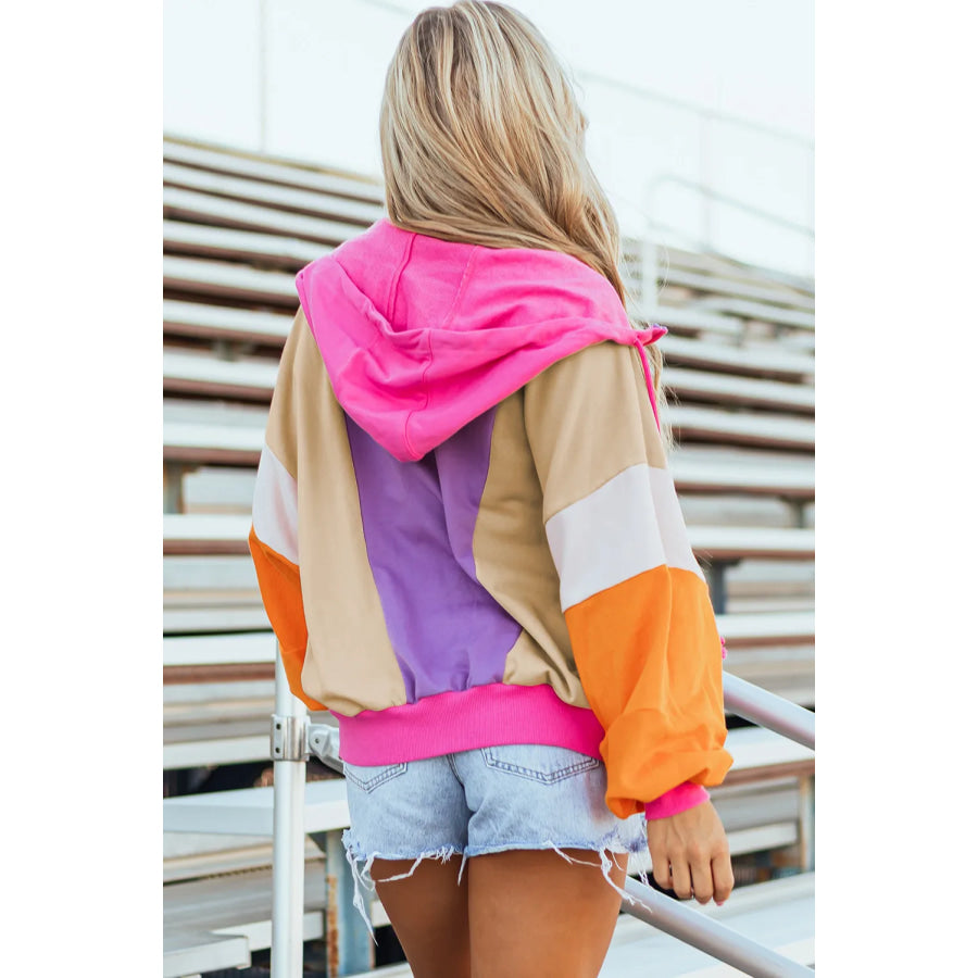 Drawstring Color Block Zip Up Long Sleeve Hoodie Lavender / S Apparel and Accessories
