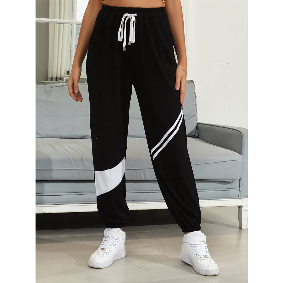 Drawstring Contrast Joggers with Pockets Black / S Apparel and Accessories