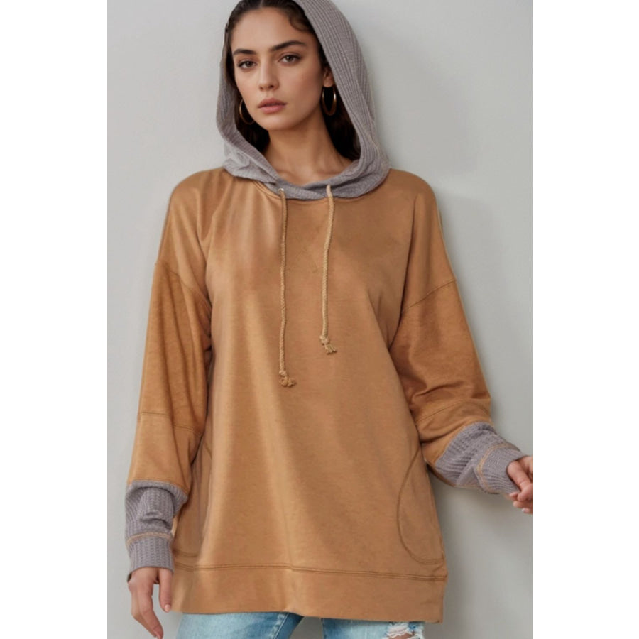 Drawstring Contrast Long Sleeve Hoodie Camel / S Apparel and Accessories