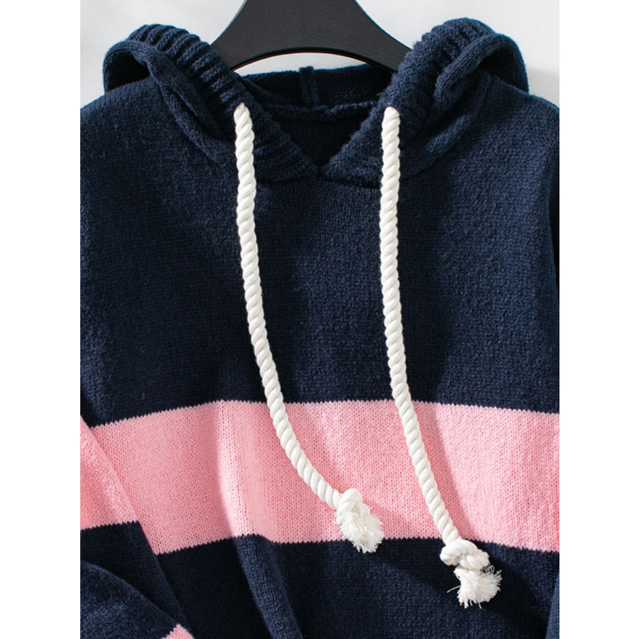 Drawstring Contrast Stripe Dropped Shoulder Hooded Sweater Apparel and Accessories