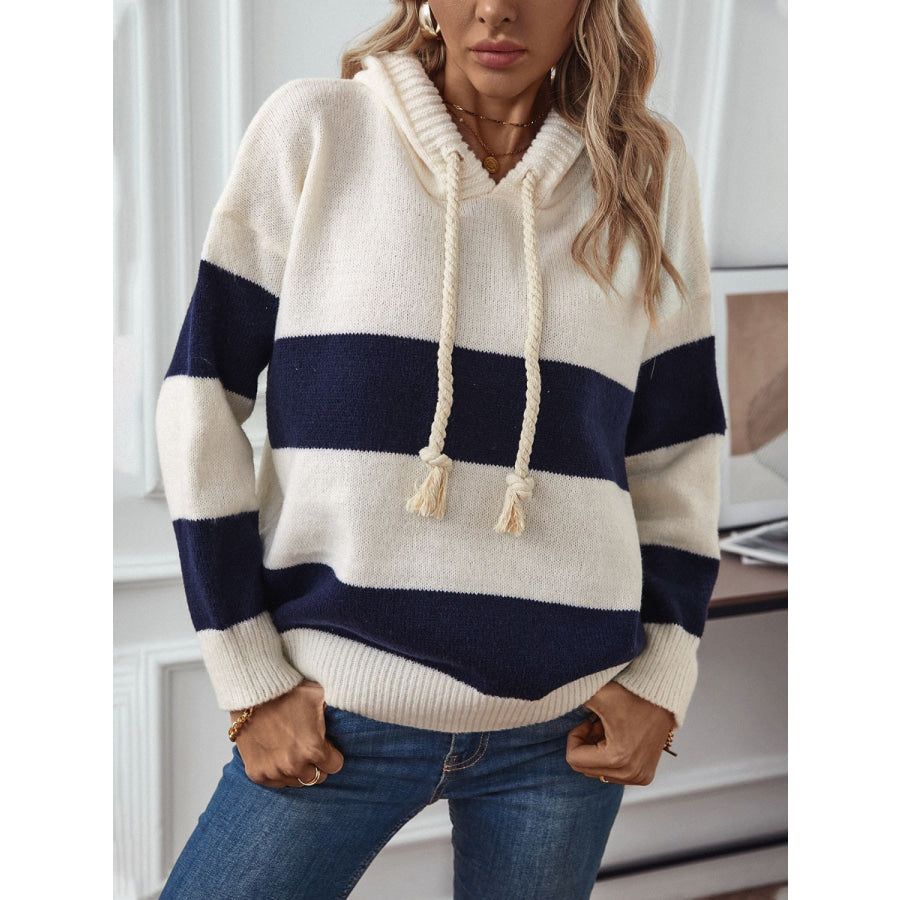 Drawstring Contrast Stripe Dropped Shoulder Hooded Sweater Tan / S Apparel and Accessories